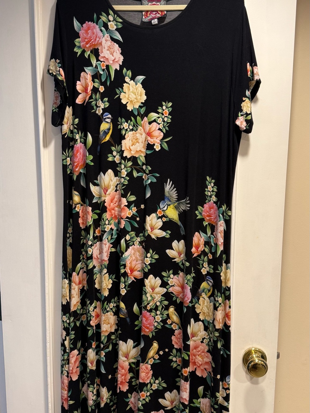 Johnny Was Black Maxi Dress with Pink, Cream & Green Floral Print